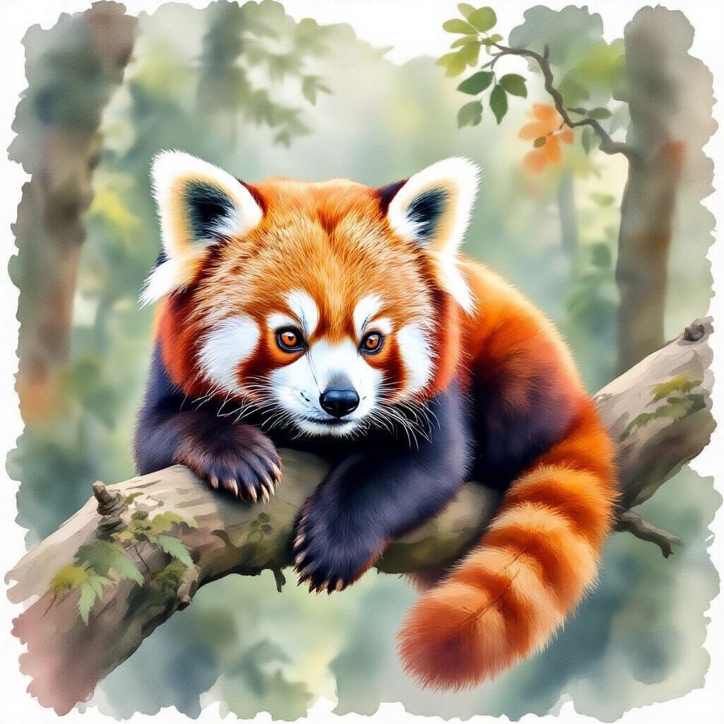 Red Panda Resting on Tree Branch as Watercolor Painting