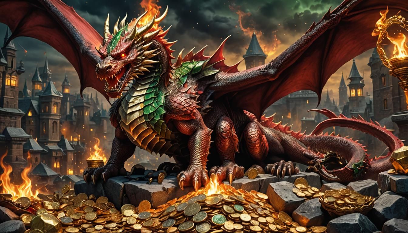 Roaring Red Dragon Diamond Hoard in Hyperrealistic Style
