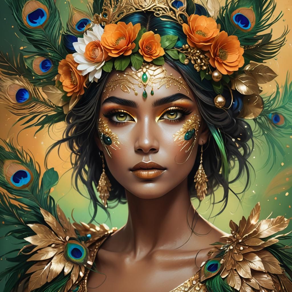 Woman with Gold Skin and Peacock Feather Hair
