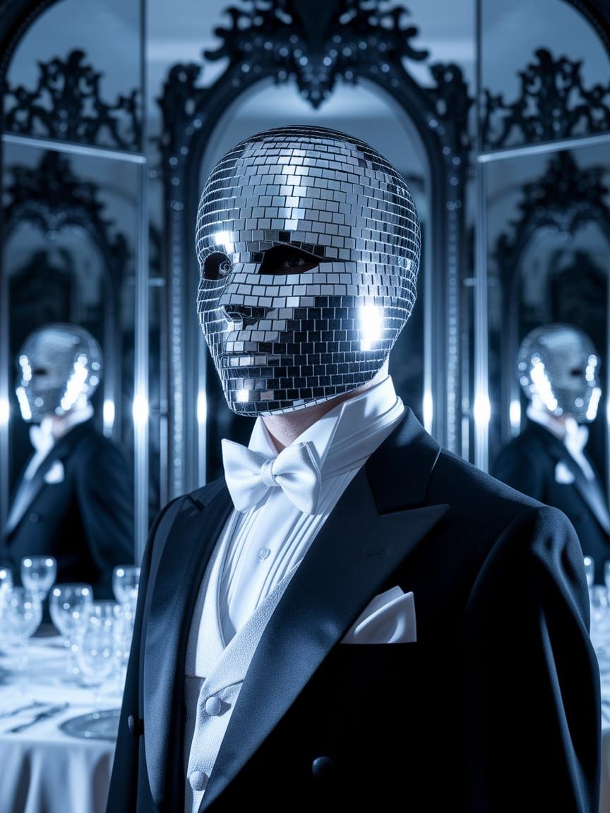 Solemn Figure Adorned with Mirror Mask in Baroque Ballroom