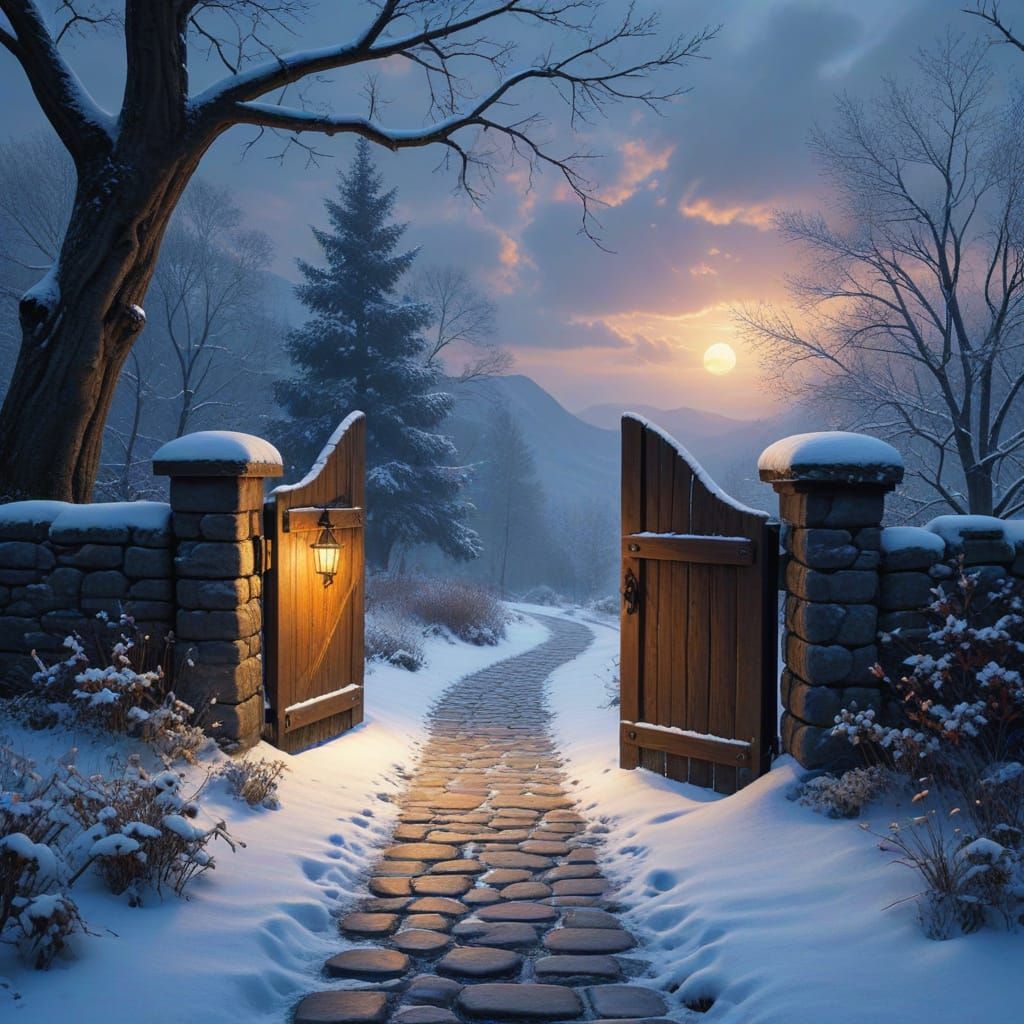 Cobblestone Pathway to Mystical Winter Realm in Soft Lumines...