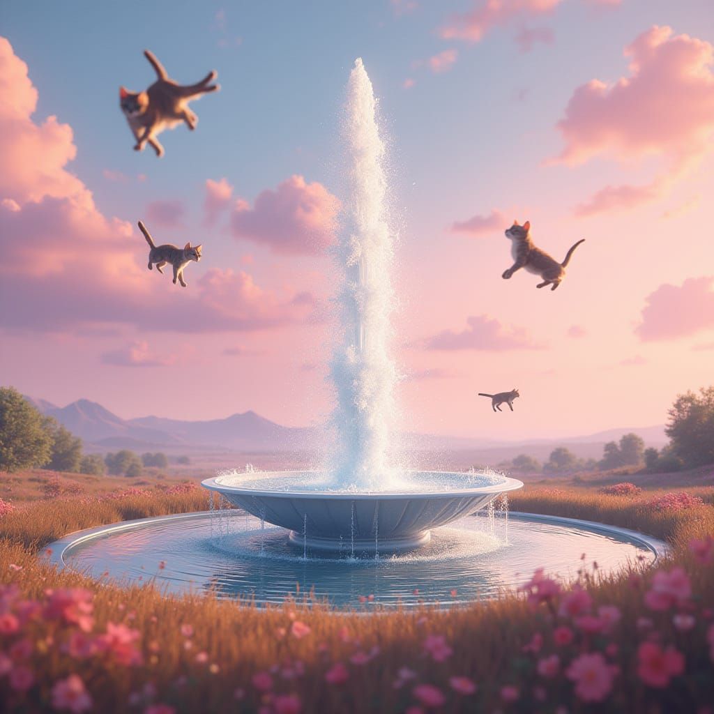 Majestic Fountain with Cats Under Pink Sky