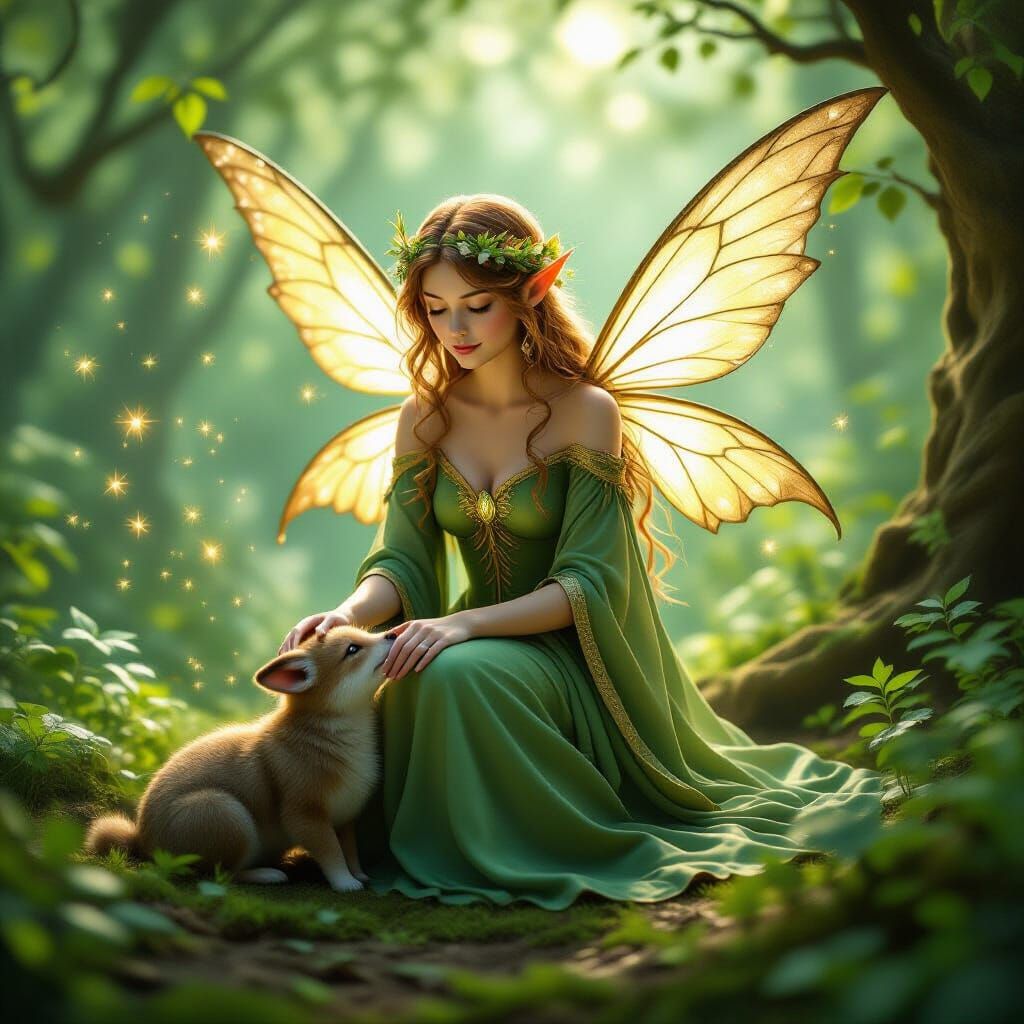 Healing Fairy Aids Wounded Animal in Enchanted Forest