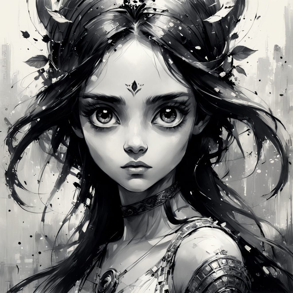 Stylized Black and White Drawing of a Goddess
