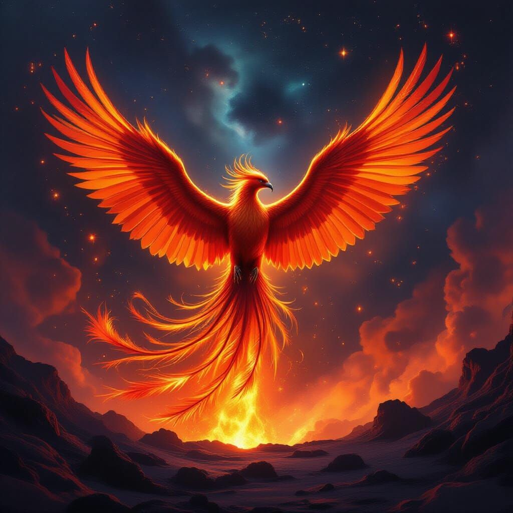 Majestic Phoenix Erupts From Volcanic Caldera in Cosmic Nebu...