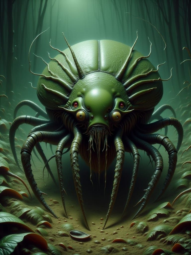 Grotesque Beetle Crawler in Dimly Lit Swamp