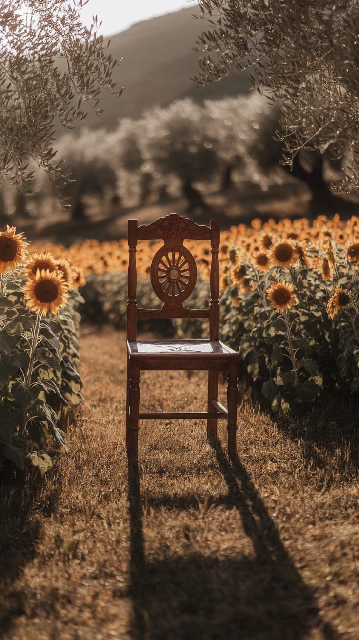 Weathered Chair in Sunflower Field at Sunset