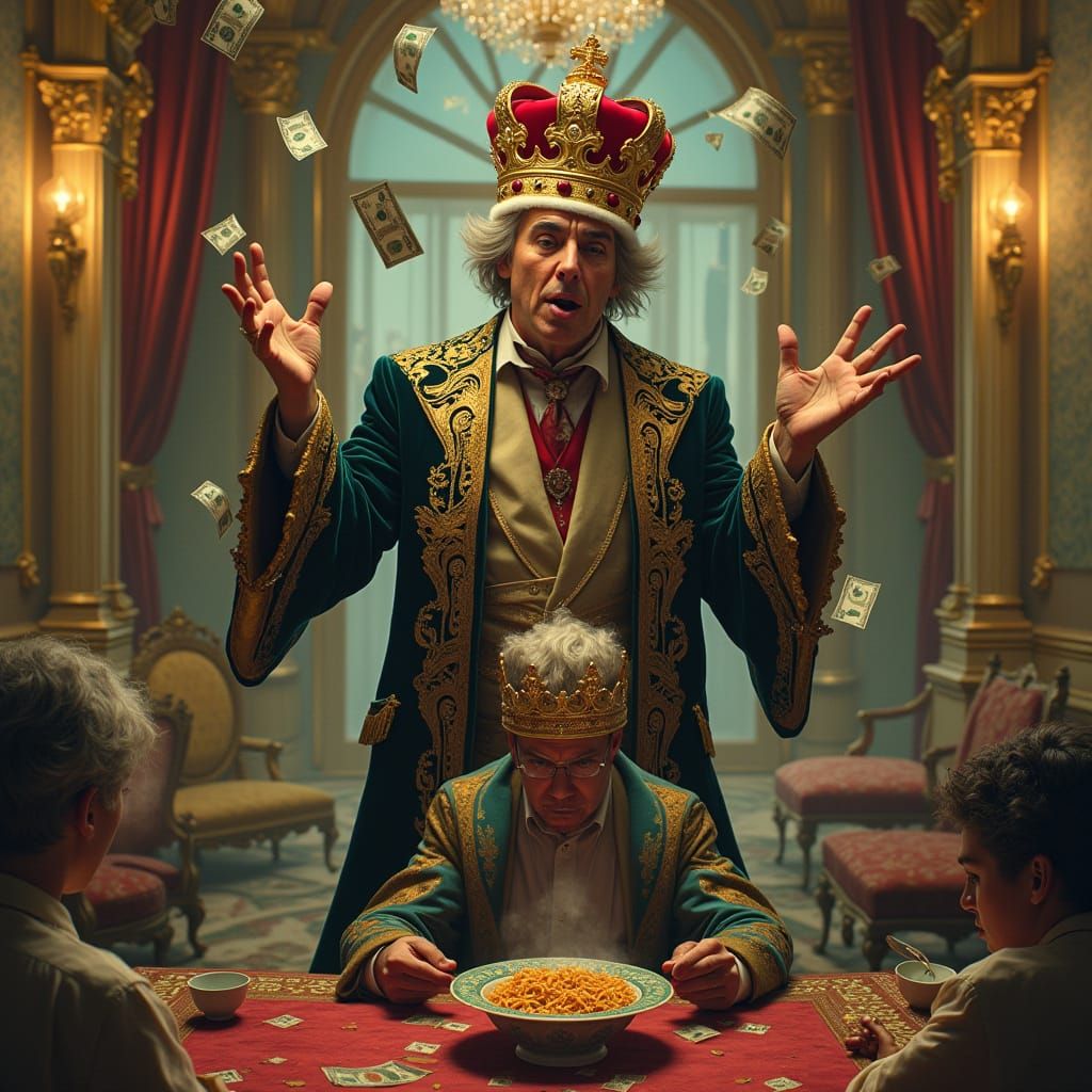 Extravagant Ruler in Opulent Mansion, with Stark Contrast