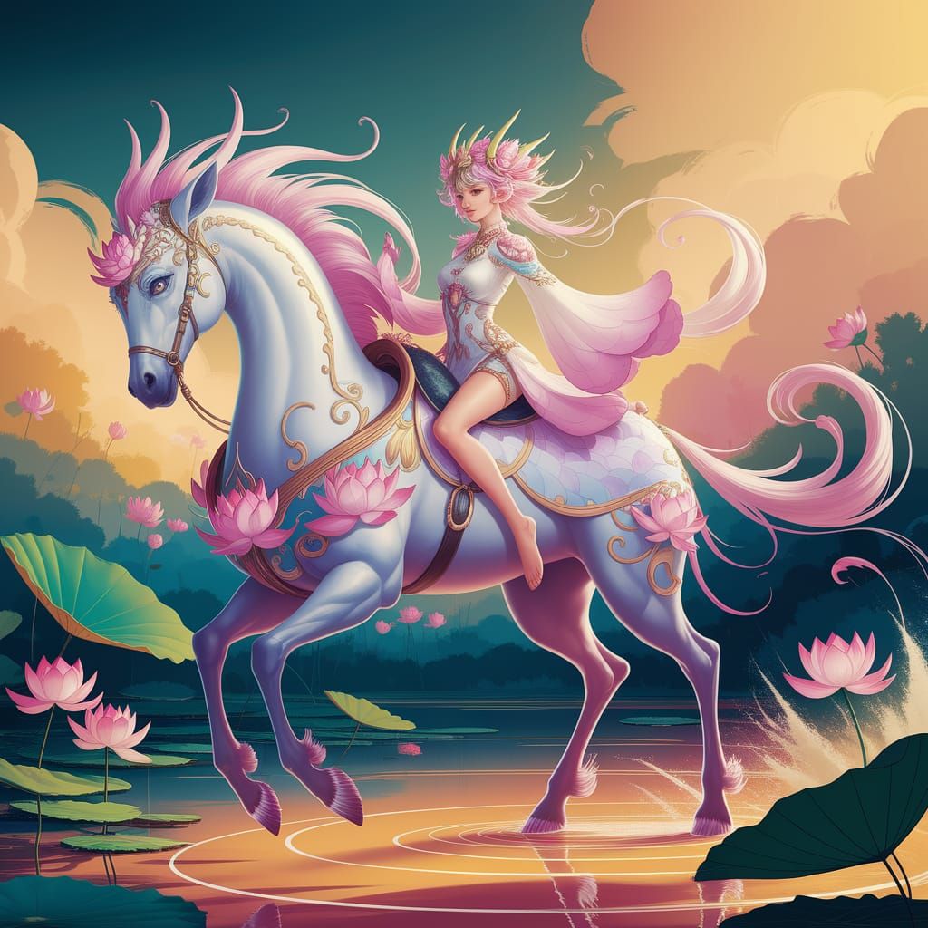 Golden Goddess Rides Lotus-Themed Steed Amidst Blooming Flow...