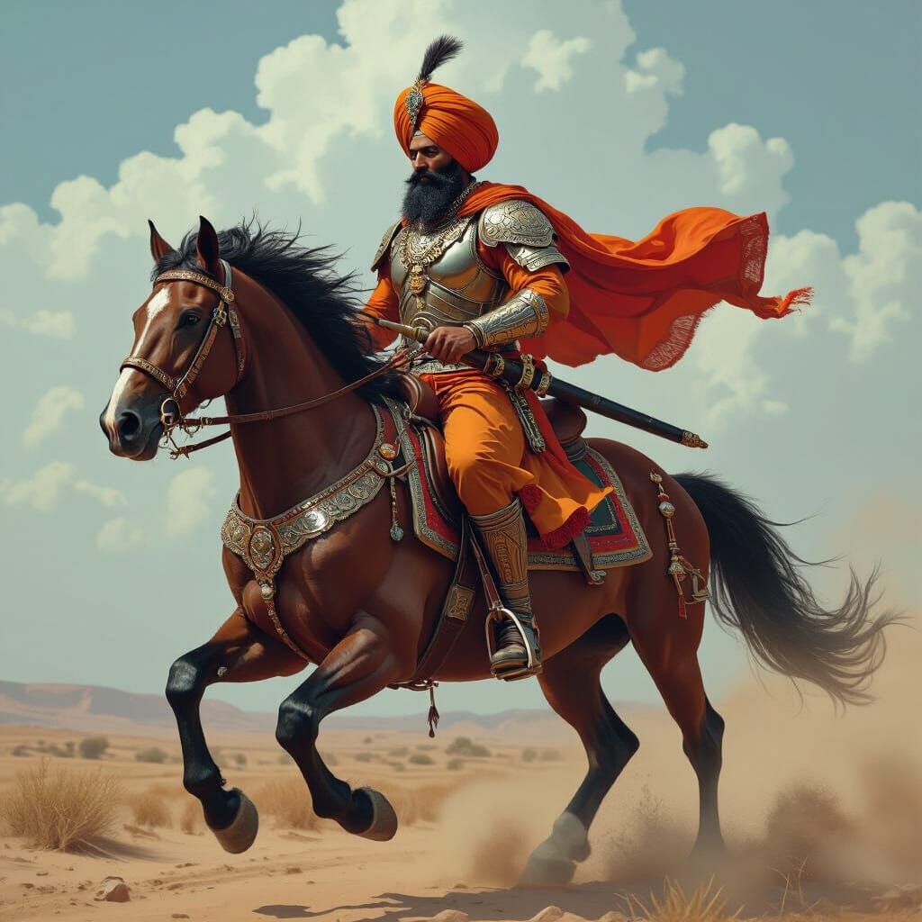 Turbaned Warrior on Horse in Futuristic Realism