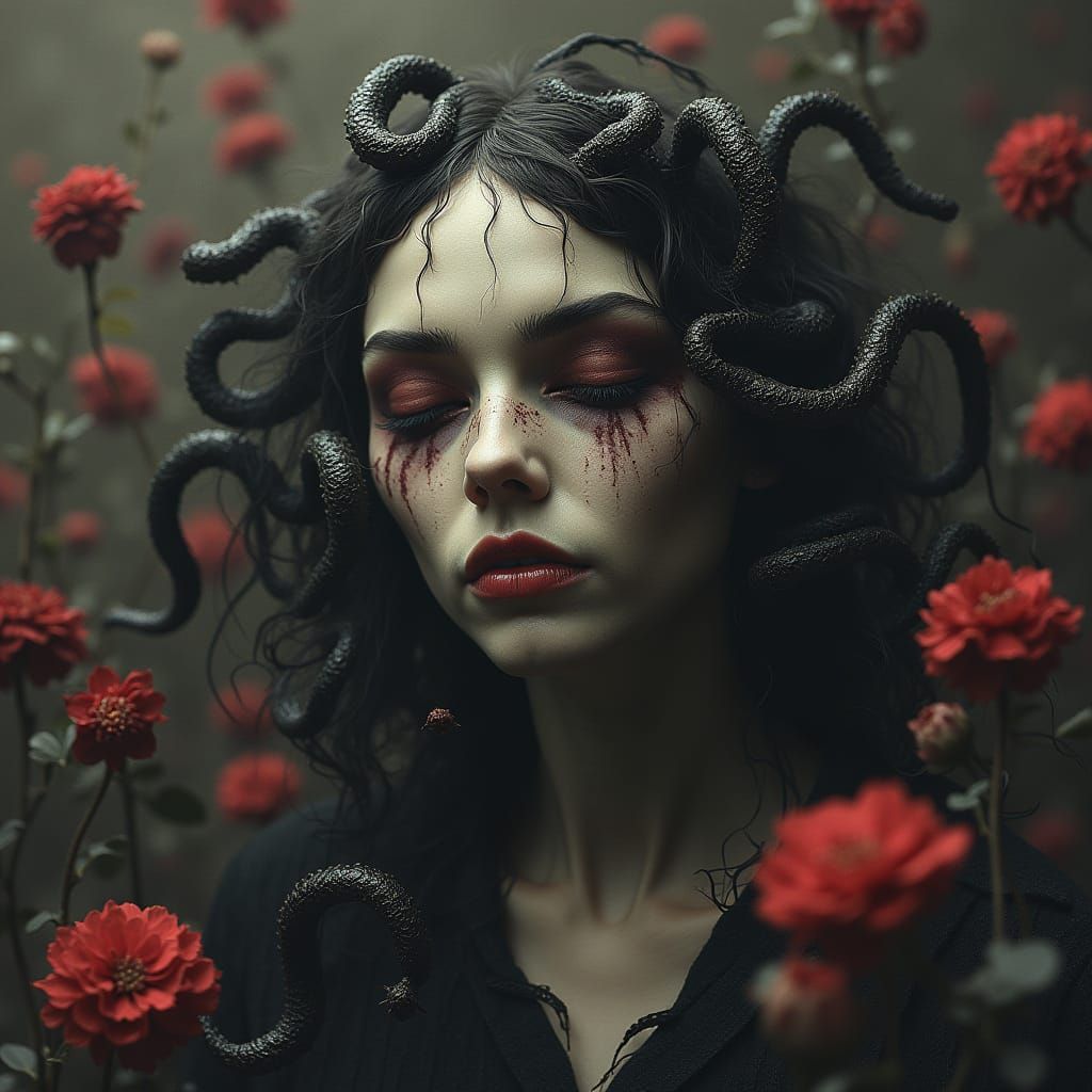 Vintage Horror Scene of Medusa with Snakes and Dark Hellebor...