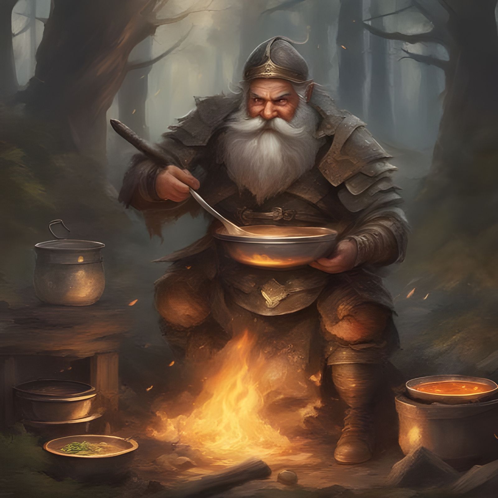 Dwarf Warrior Cooks Soup in Forest, Royo Style