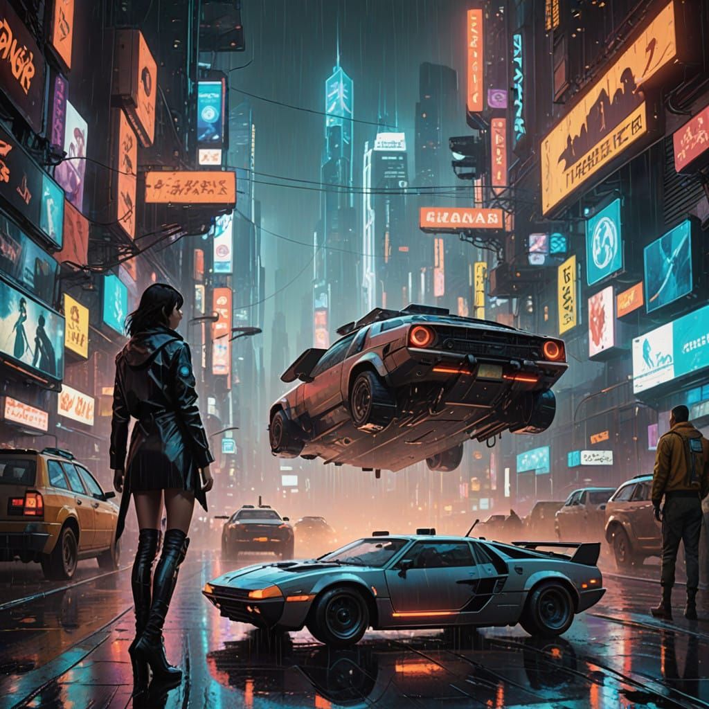 Neo-Noir Cityscape in Cyberpunk Style