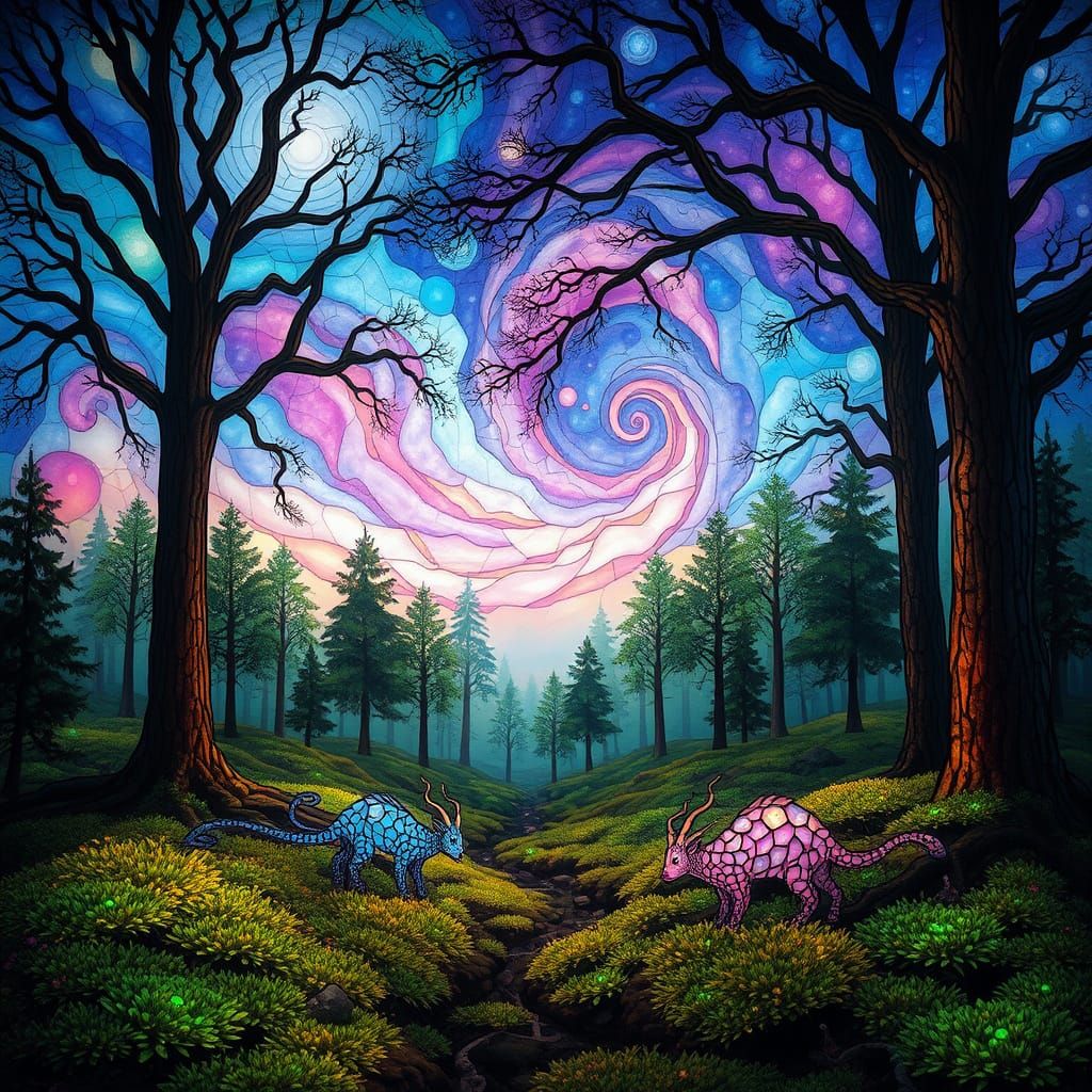 Stained Glass Forest Glade with Nebula Sky