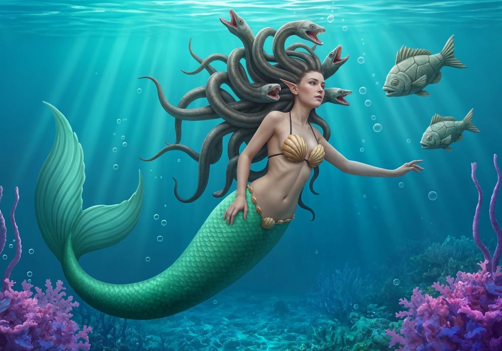 Mermaid Medusa With Eel Hair and Stone Fish