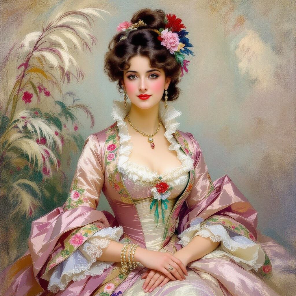 Imagine a painting with a most be exotic woman from 1780 dra...