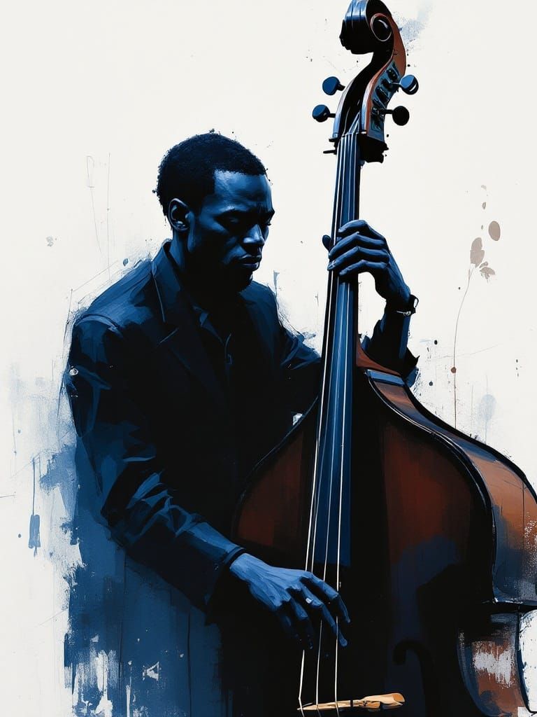 Soulful Jazz Portrait of a Man with Double Bass, in Moody Bl...