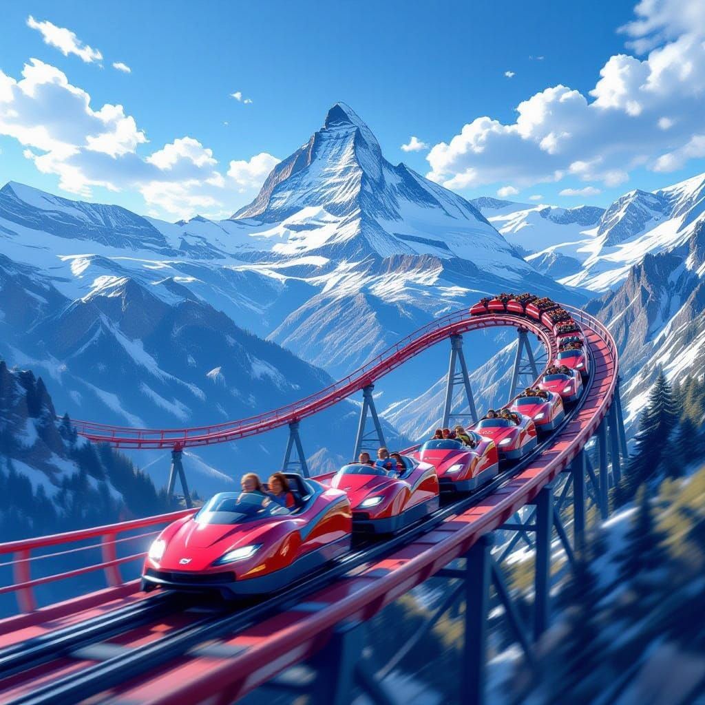 Roller Coasters Race with Alps Backdrop in Cinematic Style