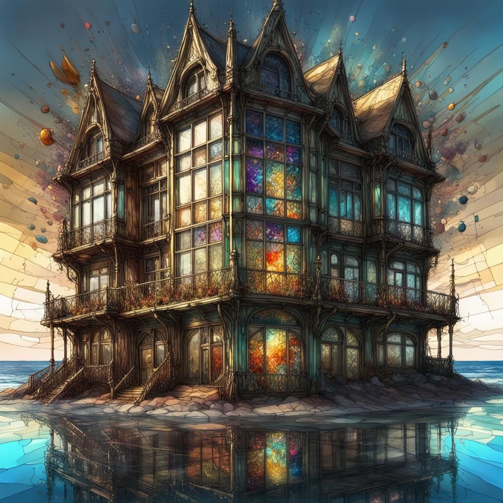 Whimsical  stylized gothic stained glass house