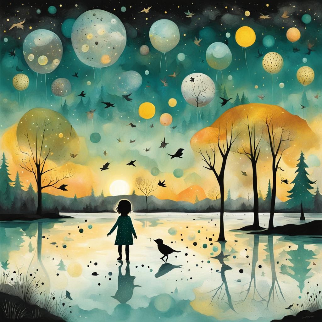 Surreal Toddler on Lake, Inspired by Klassen