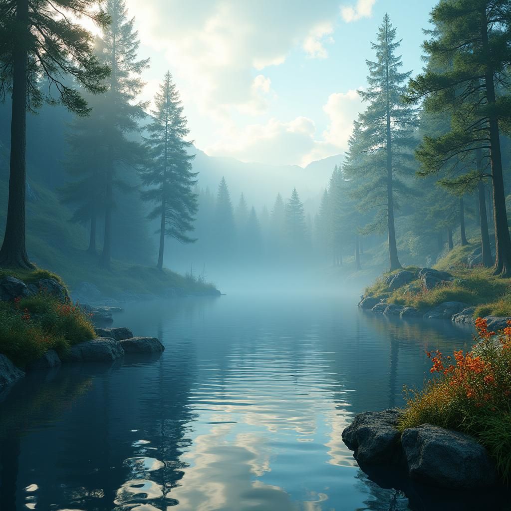 Mystical Lake Scene with Pine Trees in Fantasy Style