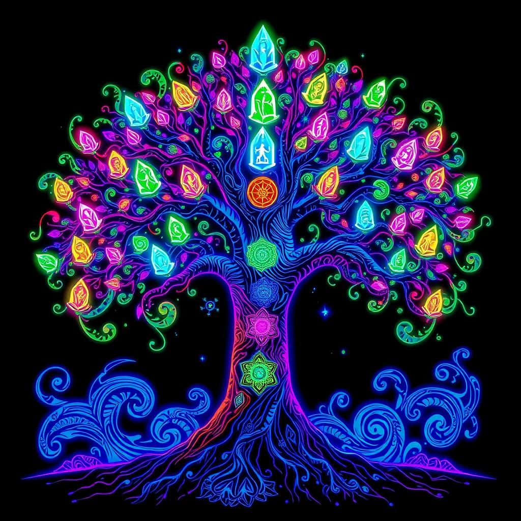 Vibrant Tree of Life with Chakra Crystals in Psychedelic Bla...