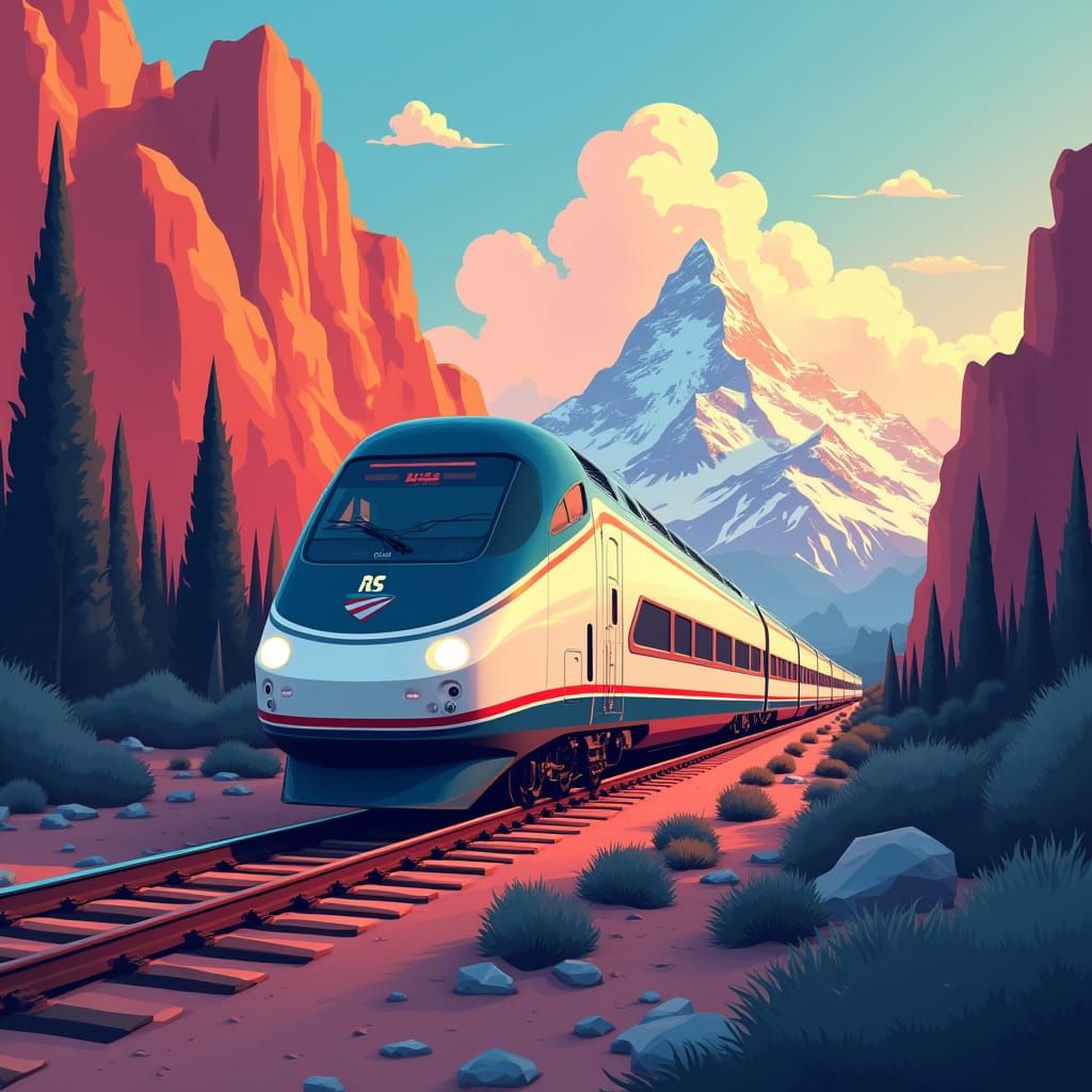 Electric Train Speeds Through Art Deco Landscape