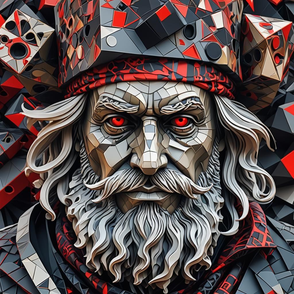 Cubist Pirate Portrait Sculpture in Low-Poly Style