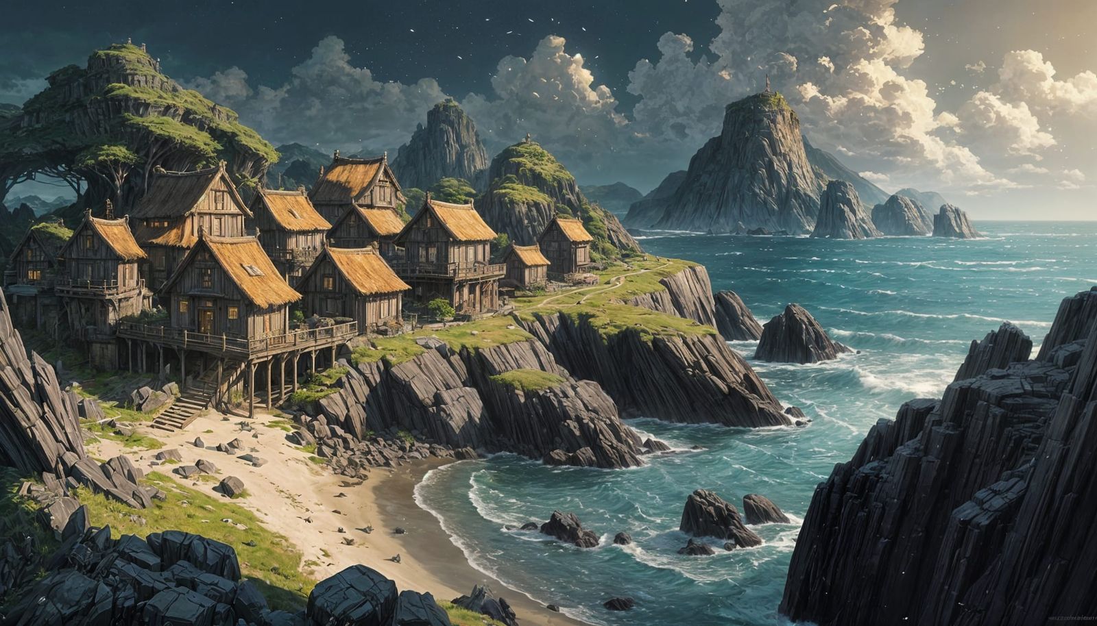 Surreal Dark Fantasy Seashore Village in Andreas Rocha Style