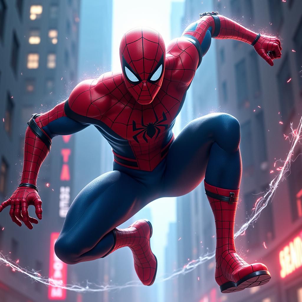 Stylized Spider-Man in Cyberpunk Cityscape, Matte Painting