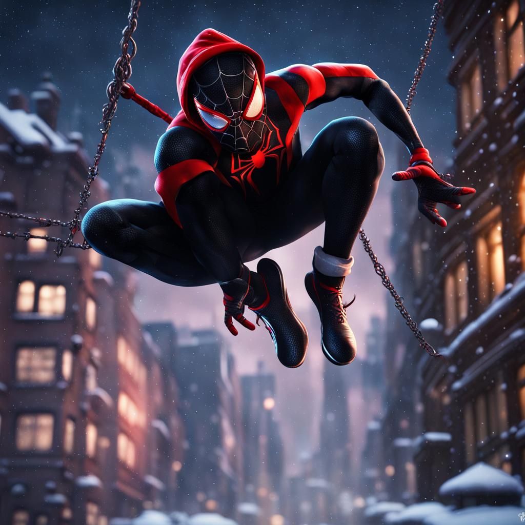 Miles Morales Spider-Man Swings Through Snowy City