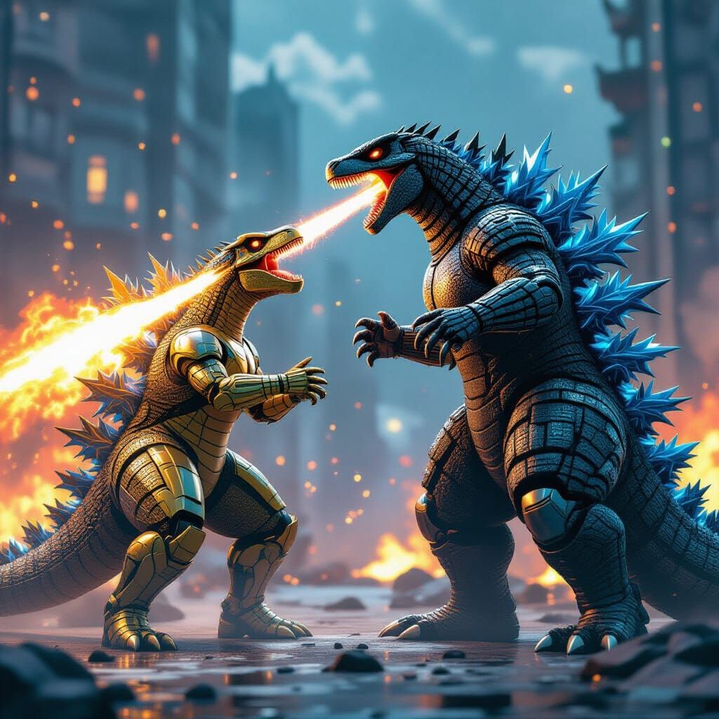 Cyborg Dinosaur Battles Godzilla in Gold Sock