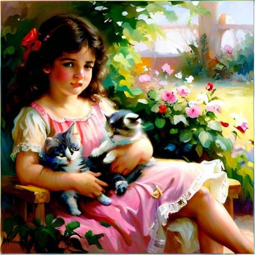 Latina Girl with Kitten in Ethereal Fantasy Style