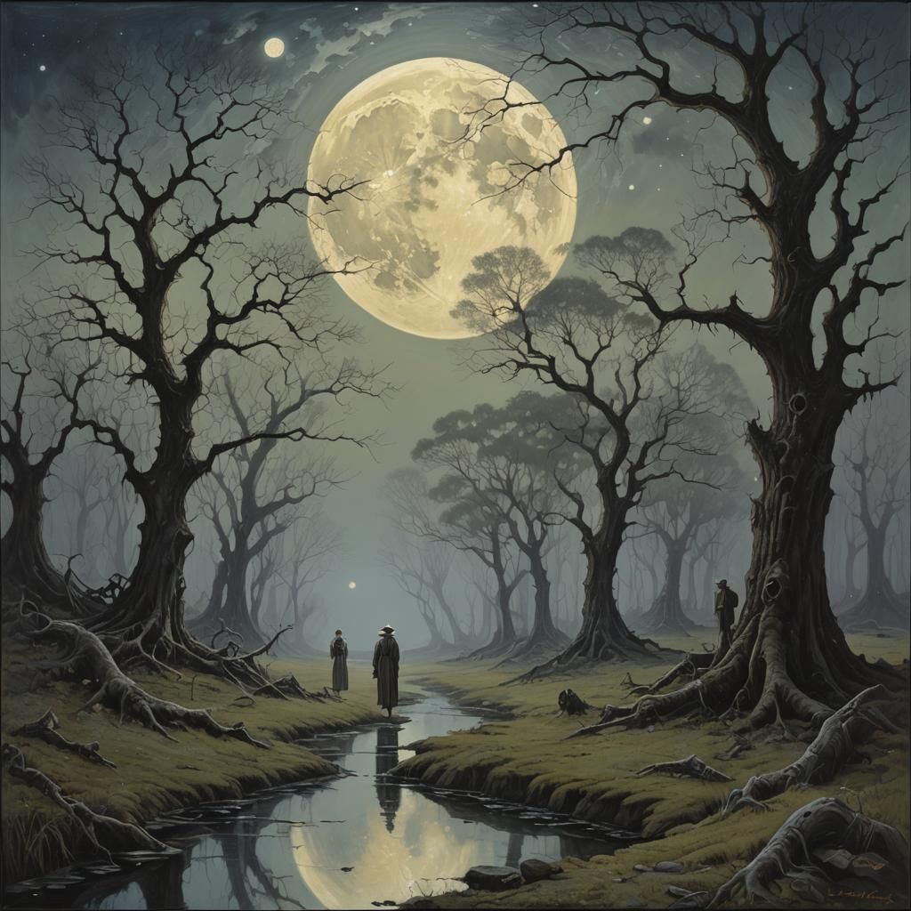 Surreal Dreamscape Oil Painting with Ethereal Figures