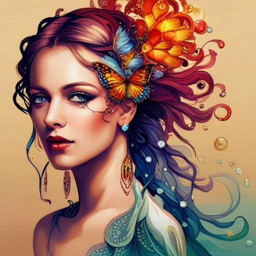 Colorful Embroidered Butterfly Portrait in Art Nouveau Style