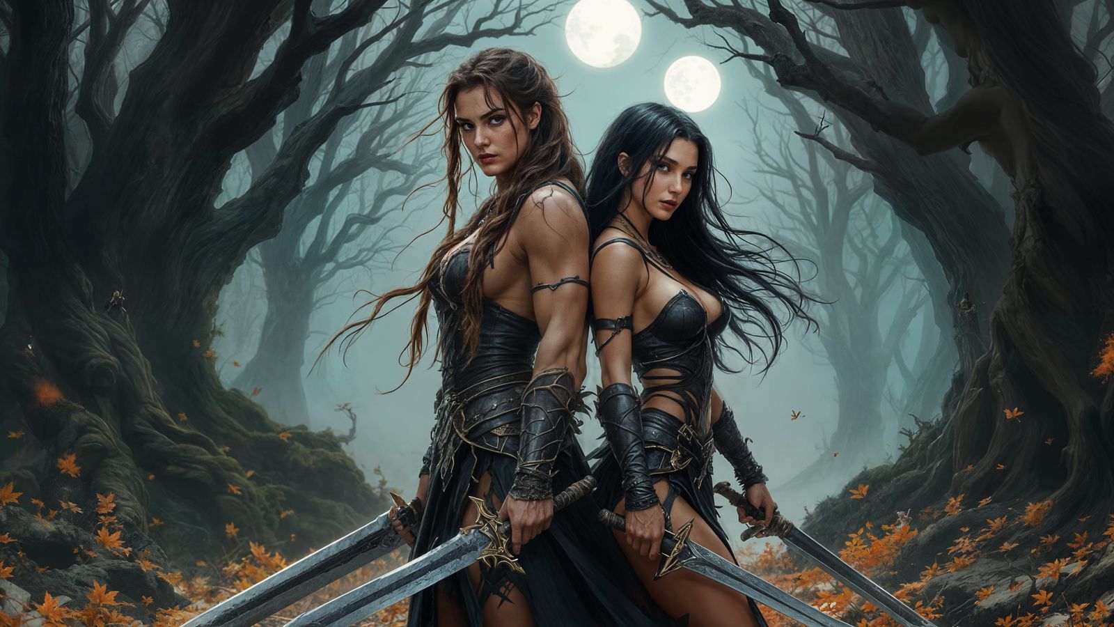 Epic Barbarian Goddesses in Gothic Forest Under Two Moons