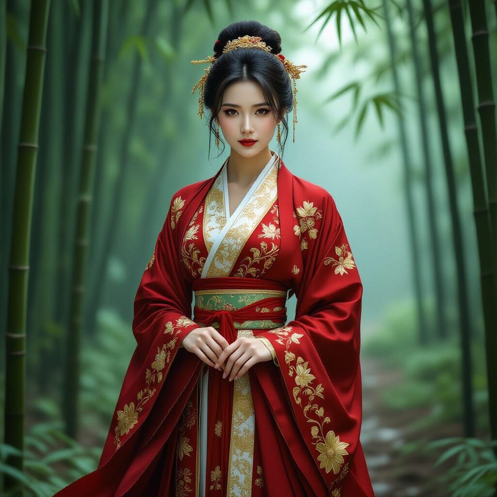 Chinese Woman in Hanfu in Misty Bamboo Forest