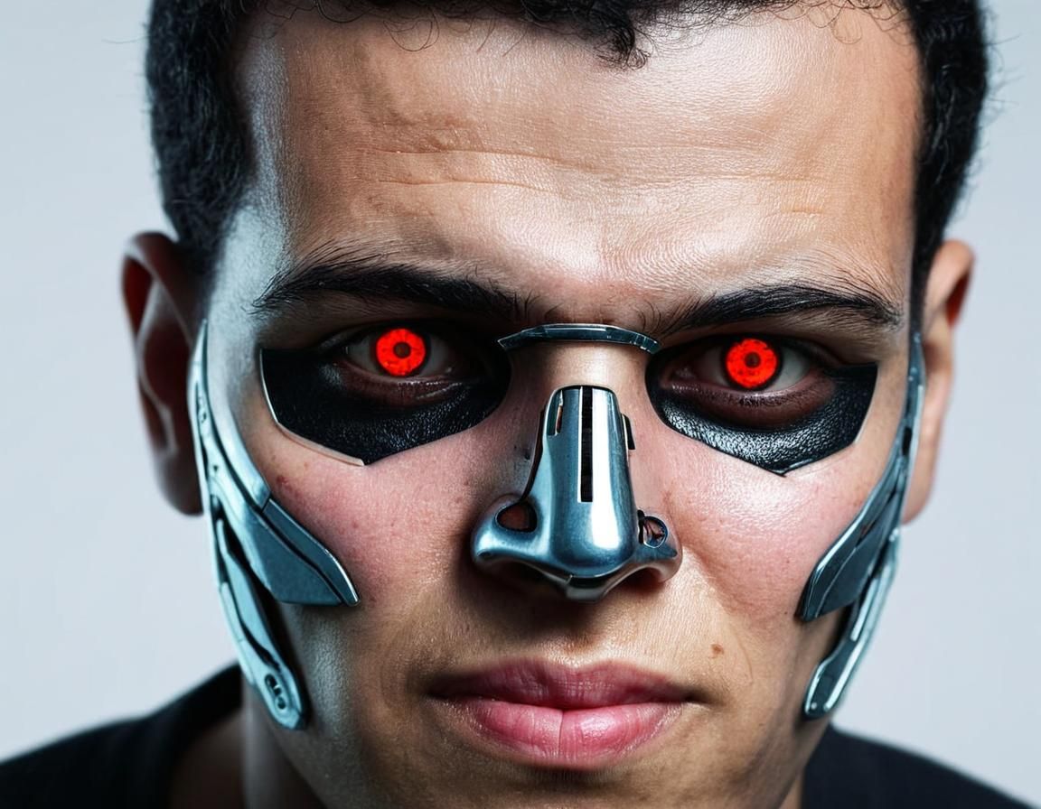 Menacing Cyberpunk Robot Portrait in Metallic Skull Style