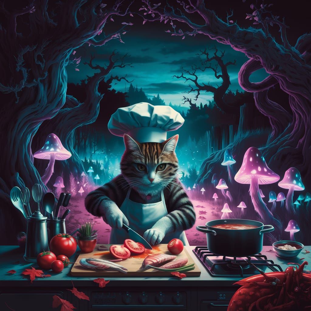 Whimsical Feline Chef in a Mystical Kitchen
