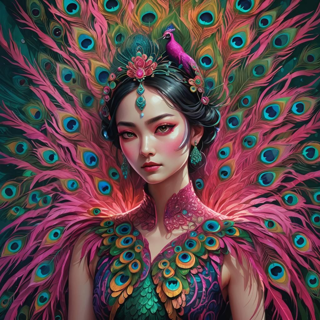 Peacock Woman: Fantastical Concept Art with Neon Lights