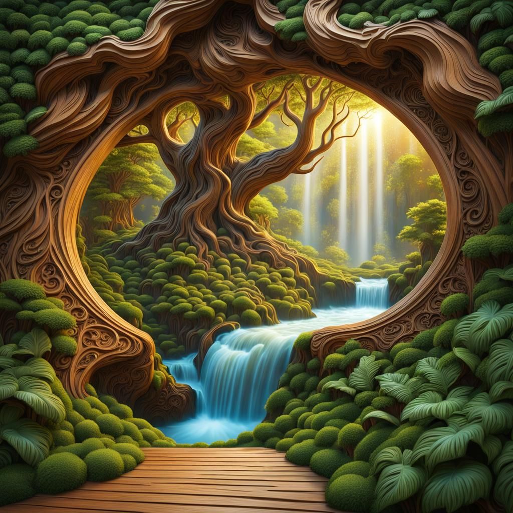 Detailed Wood Carving of a Magical Forest