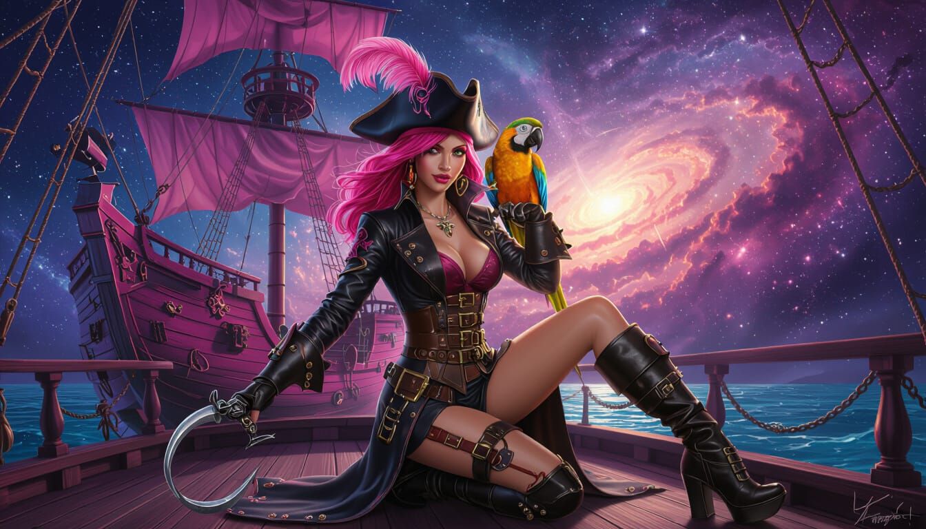 Pink Haired Space Pirate Captain in Galactic Nebula