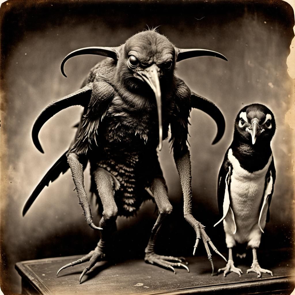 Grotesque Daemon and Penguin in Vintage Horror Photograph
