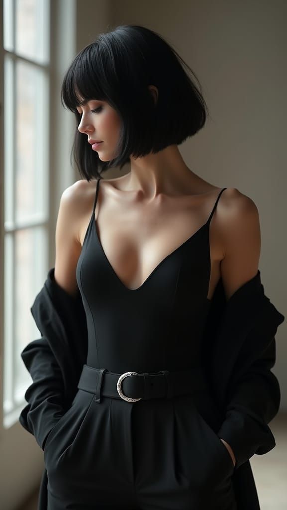 Masterpiece Portrait of Elegant Woman in Black Bodysuit