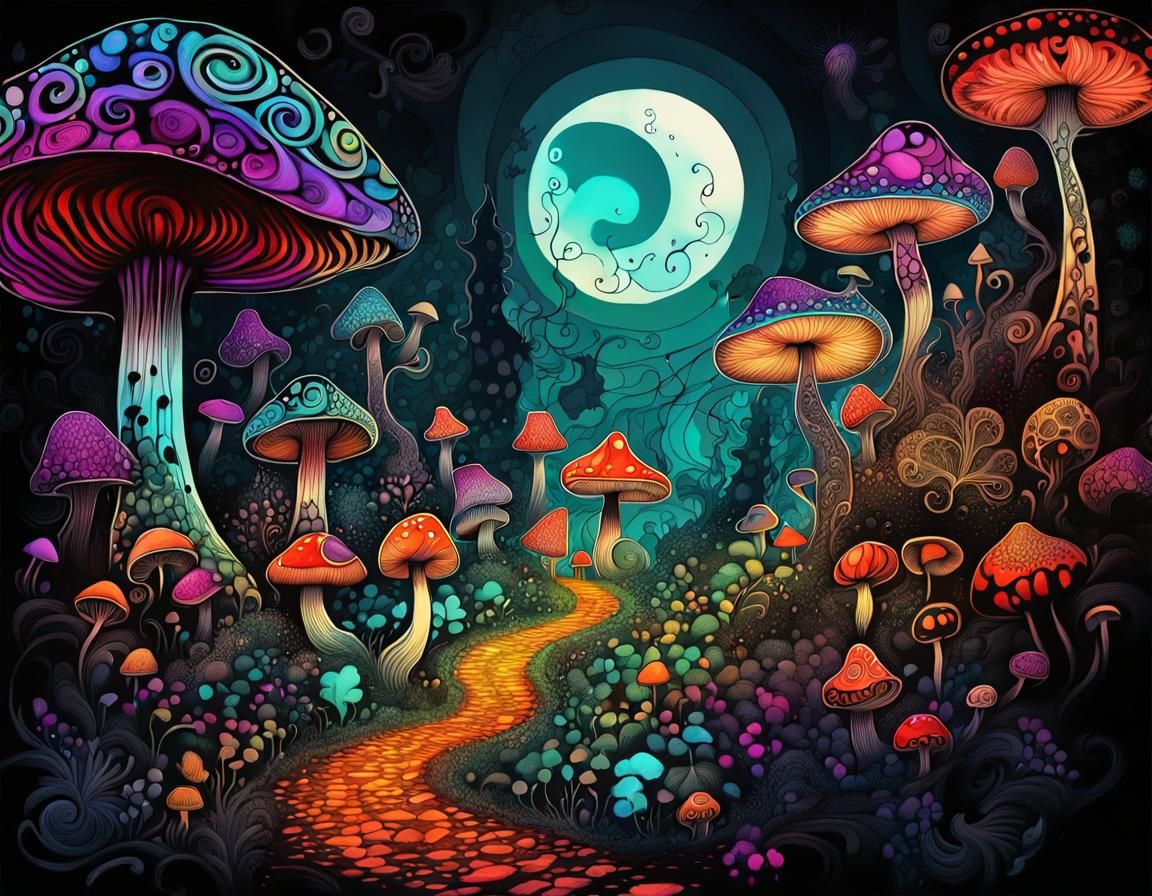 Psychedelic Mushroom Village in Surrealist Style