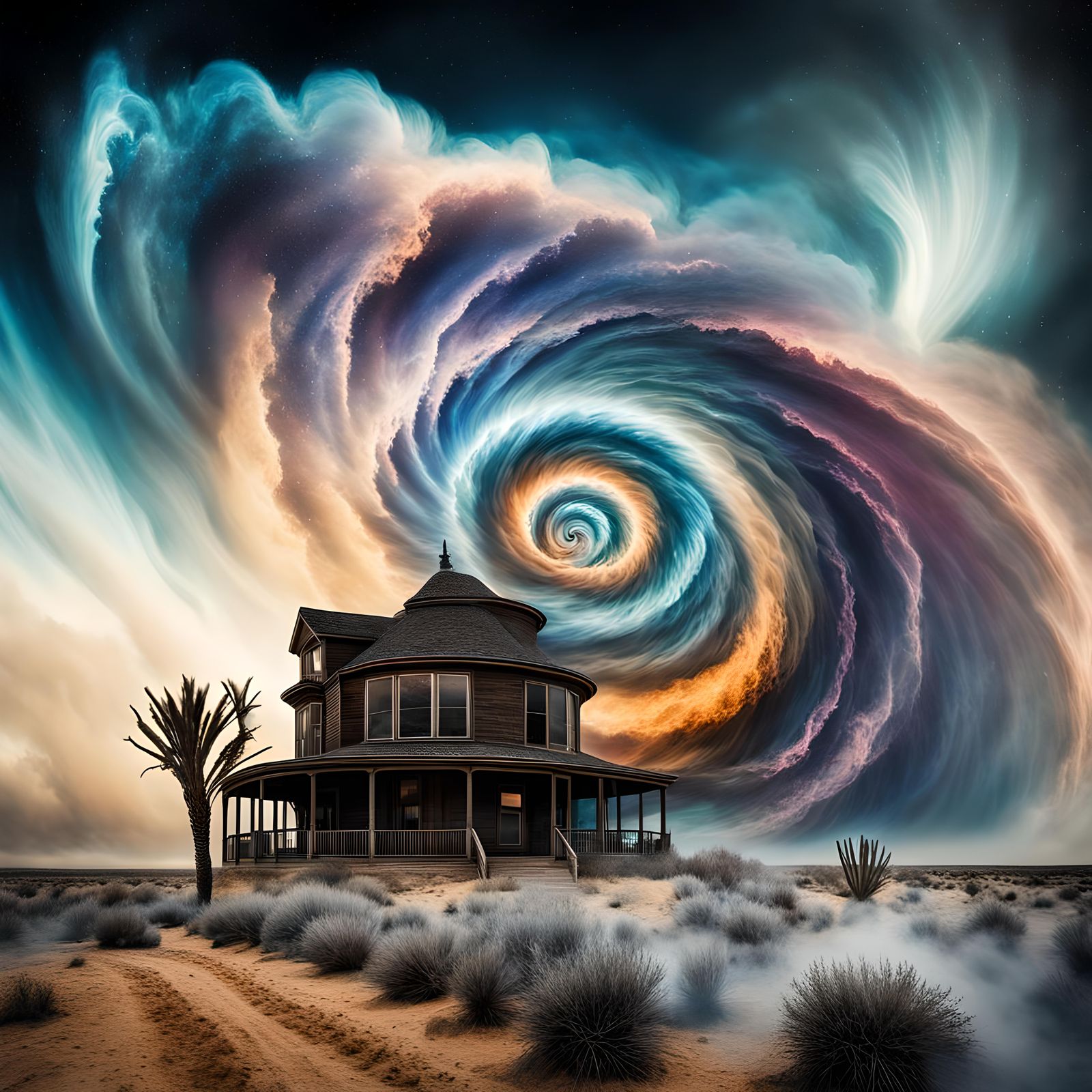 Cosmic Tornado in Texas Desert, Digital Watercolor Style