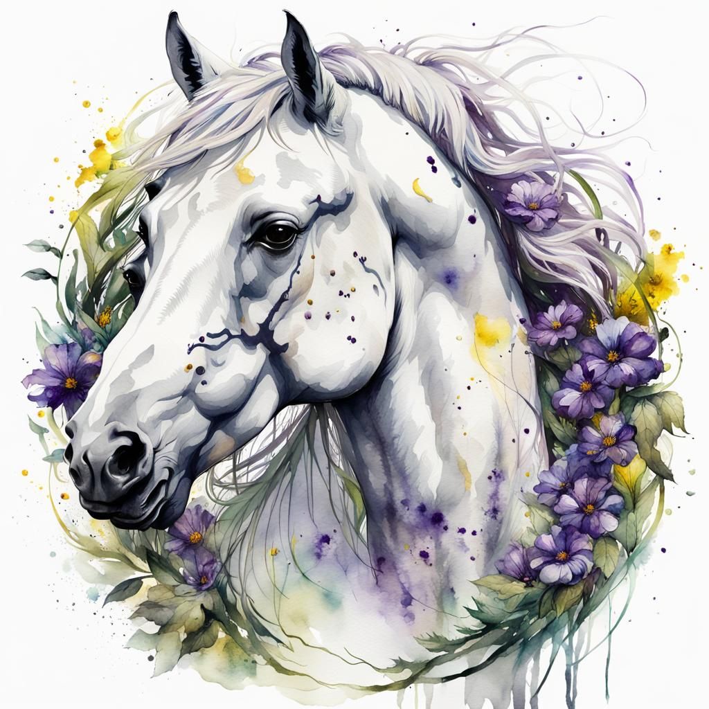 Watercolor Horse Surrounded by Flowers