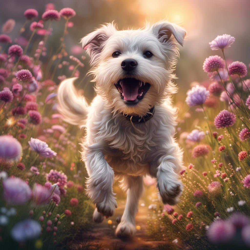 Dog's Joyful Run: Cinematic Flower Field