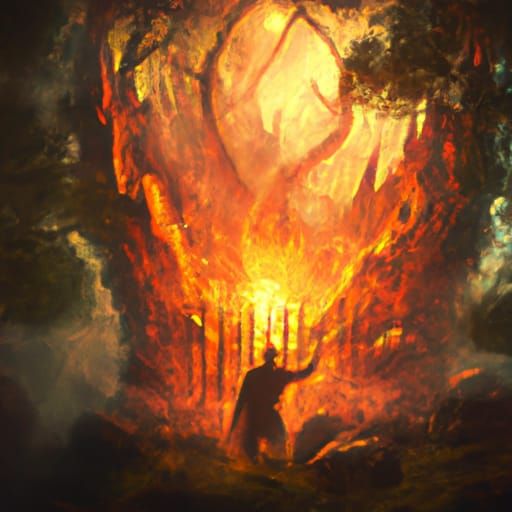 Man Escaping Firey Prison with Helper: Digital Matte Paintin...