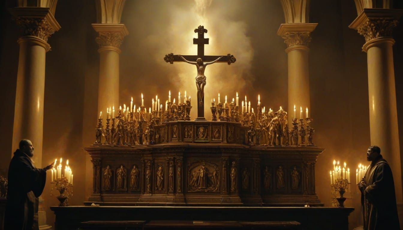 Baroque Church Interior with El Greco Style Christ